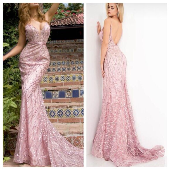 JOVANI Pink Sequin Jewel Beaded Floral Spaghetti Strap Long Maxi Gown 02245 Sz 6 - Picture 1 of 14